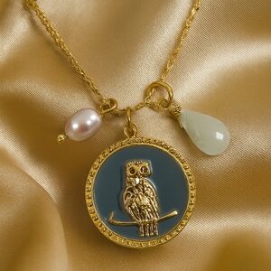 Gold Owl Pendant Necklace with Charms – Whimsical Animal Jewelry Gift